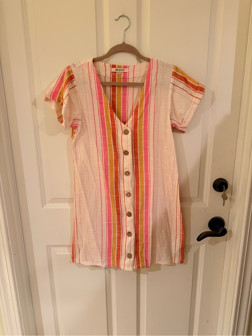 Rip Curl 100% Cotton Striped Button-Front V-Neck dress - Pink, Orange, Cream